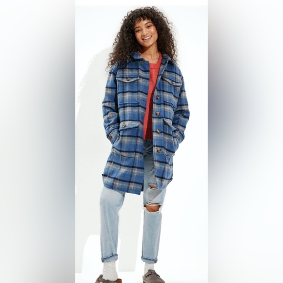 American Eagle Oversized Brushed Plaid Shacket Blue Jacket Women’s Size M - Picture 1 of 8